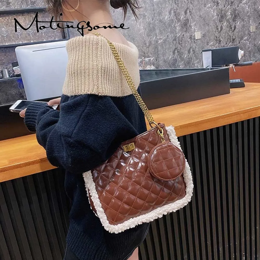

Winter Bag Women Shoulder Bag with Chains High Quality Leather Diamond Lattice Pattern Purses and Handbags Luxury Designer 2021