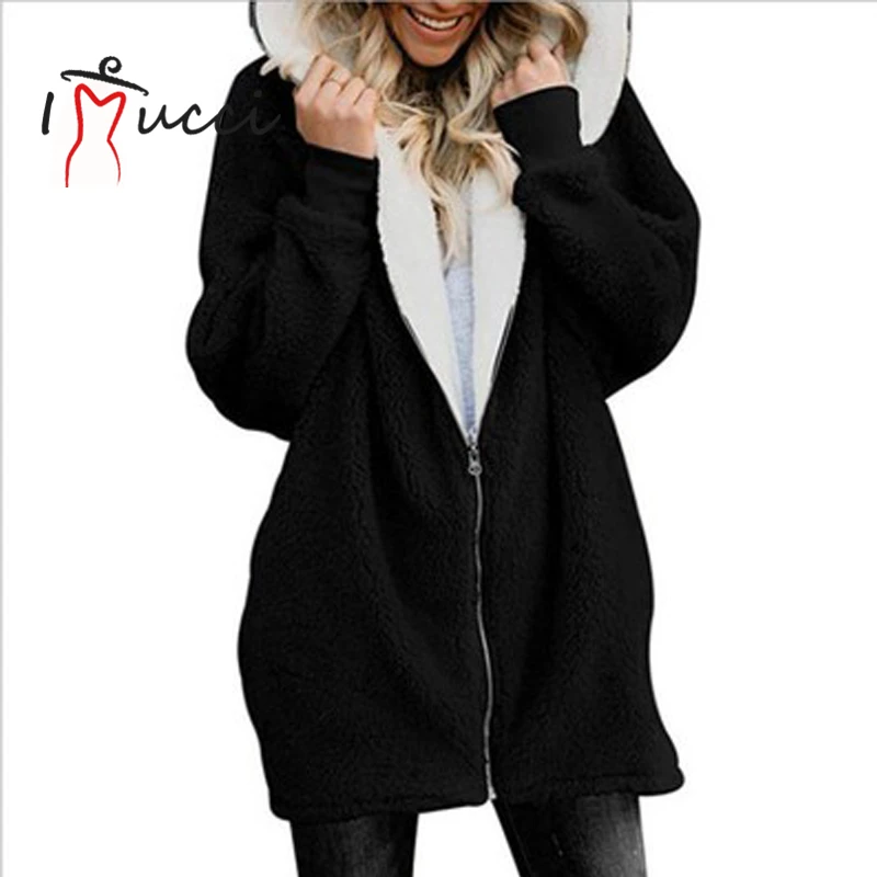 

iMucci Women's Jacket 2020 Winter Fashion Warm Plush Fur Coat Zipper Pocket Hooded Jacket Female Long Sleeve Oversize Clothes