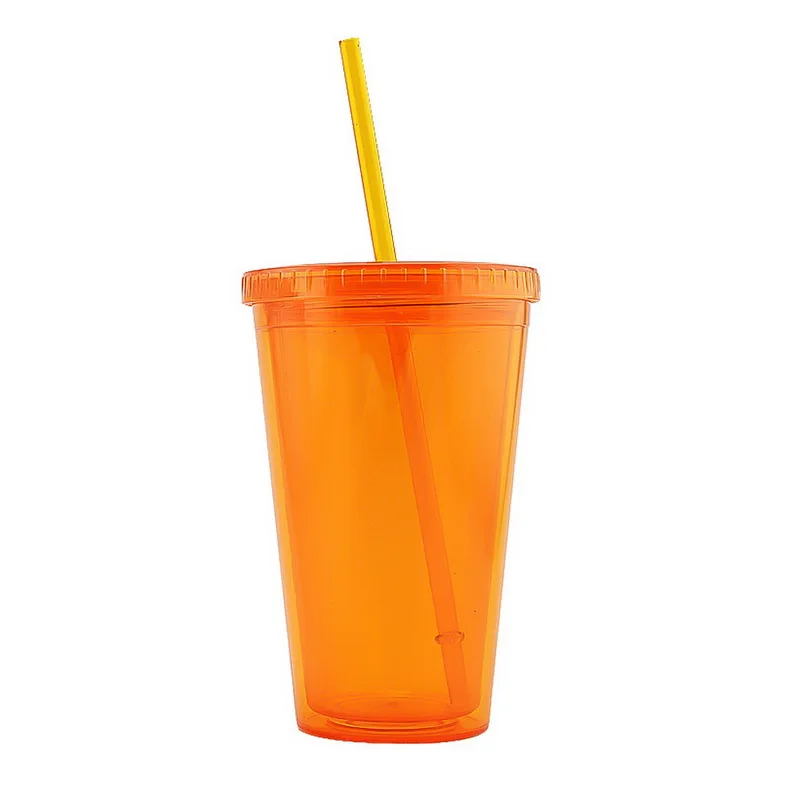 orange 1 шт, 500 мл, чашка для кофе, сока, чая, чашка с двойными стенками, для холодных напитков, многоразовый, для смузи, пластиковый стакан со льдом, кружка для путешествий с соломинкой - Цвет: orange