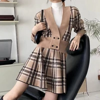 two pieces sets women v neck long sleeve vintage korean fashion casual a line skirt and sweater cardigan traf outfits suit mujer