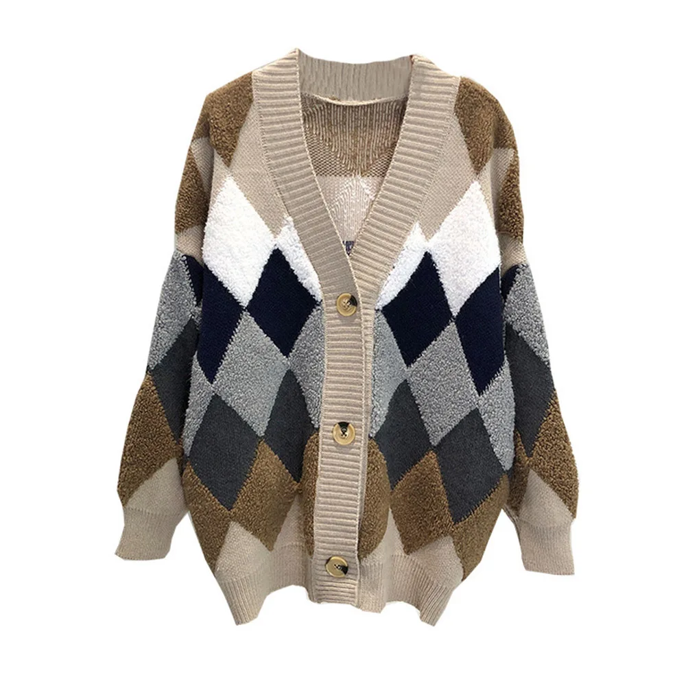 Loose Cardigan Sweater Coat Jacket Colorful Diamond Lattice Knit Korean Style Knitted Cardigan Single Breast Sweaters Women Tops - Color: Khaki