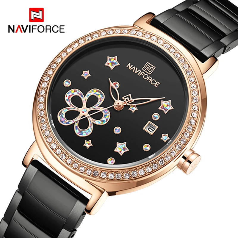 

NAVIFORCE самые популярные часы для женщин модные спортивные с бриллиантами розовое золото черный нержавеющая сталь кварцевые наручные часы с ...