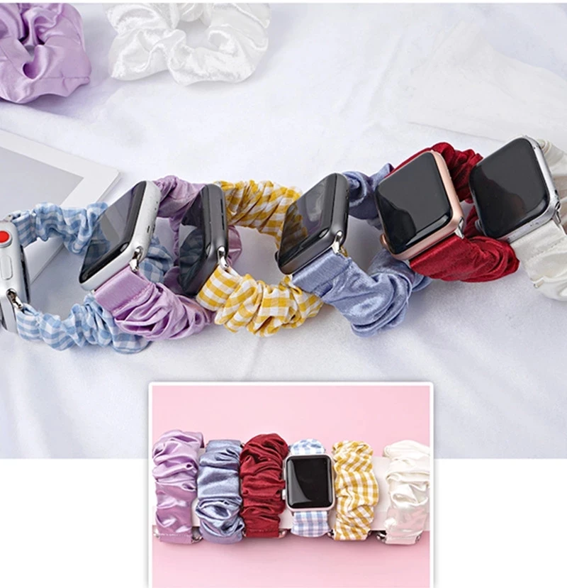 

Hair Scrunchie+Watch Band for Apple Watch Series 6 SE 5 4 3 Stretchable Solo Loop iwatch Strap for 38mm 40mm 42mm 44mm Bracelet.
