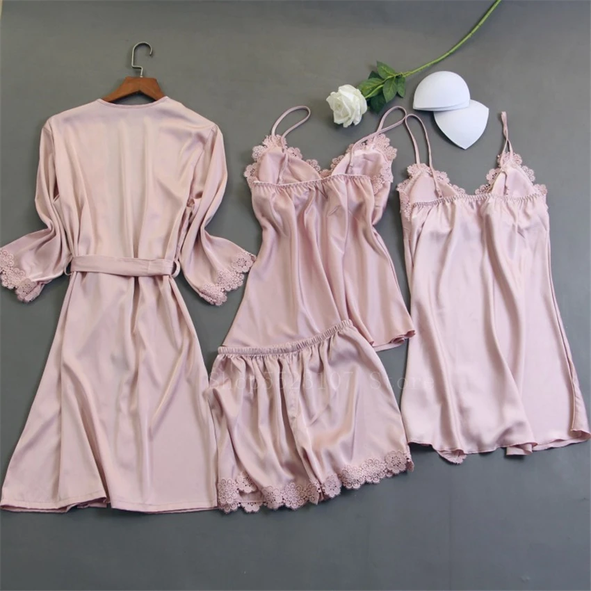 

Solid Color Women Pajamas Set Sexy Lingerie Sleepwear Suits Floral Lace Bra Removable Satin Nightgown Female Breathable Robe