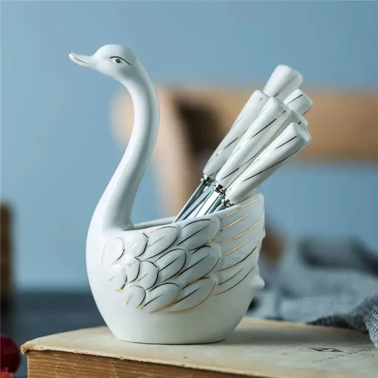 White - 6 Spoons Керамический лебедь вилка держатель-подставка для ложки фрукты кухонные вилки набор столовых приборов вилка для торта, Десертная Вилка для закуски набор посуды - Цвет: White - 6 Spoons