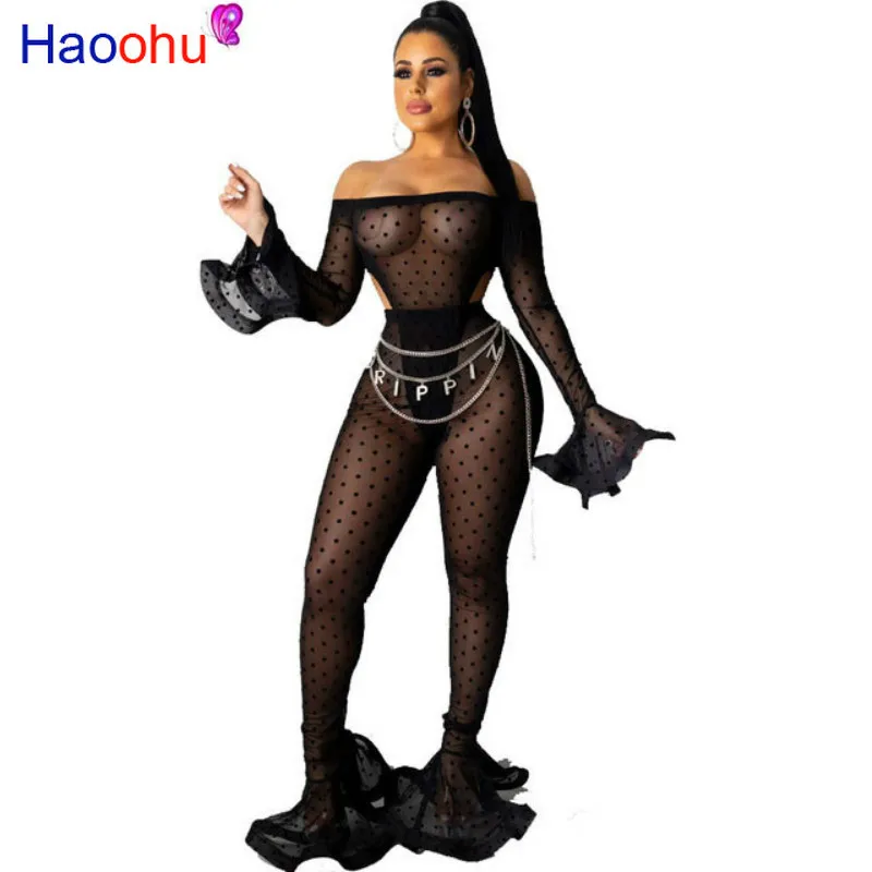 

HAOOHU Sexy Mesh Sheer Two Piece Set Women Rave Festival Clothing Rompers Top Pant Body Suit Matching 2 Piece Set Club Outfits