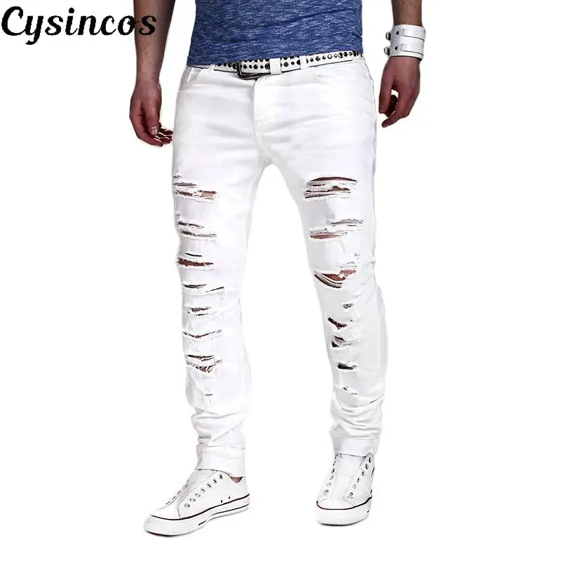 CYSINCOS новые модные однотонные белые джинсы мужские сексуальные рваные потертые