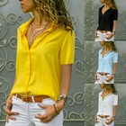 Женская блузка с коротким рукавом, Повседневная однотонная офисная рубашка, на пуговицах, с отложным воротником, 2020, размеры размера плюс, для лета, S-5XL