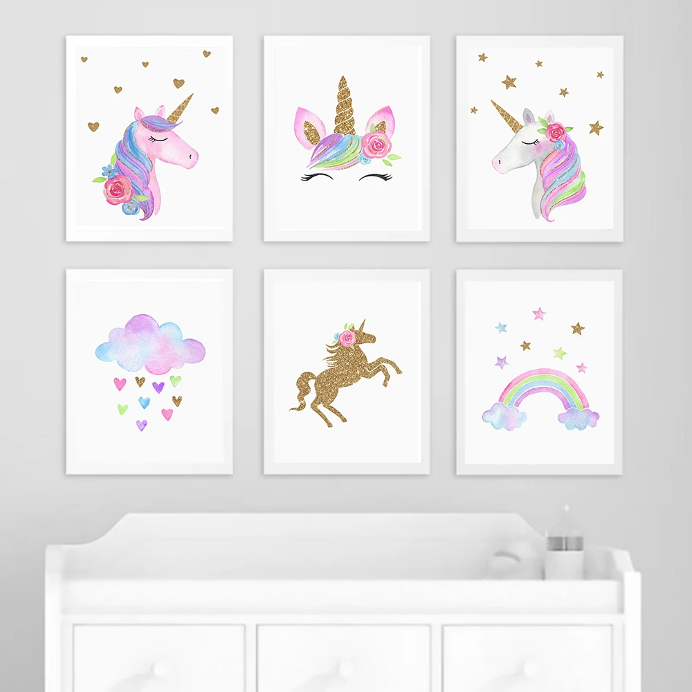 

Rainbow Unicorn Wall Art Prints Baby Nursery KidsPoster Cute Canvas Painting Nordic Decoration PictureChildrenBedroom Decor