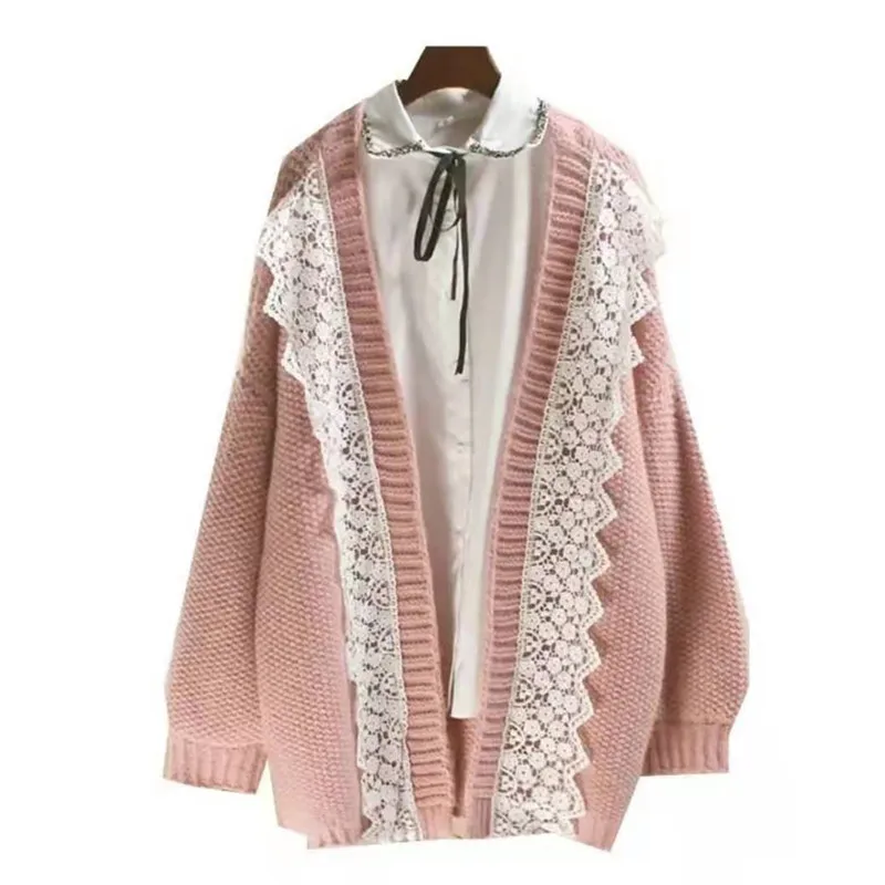 Женский трикотажный кардиган с кружевом повседневный Свободный длинным рукавом