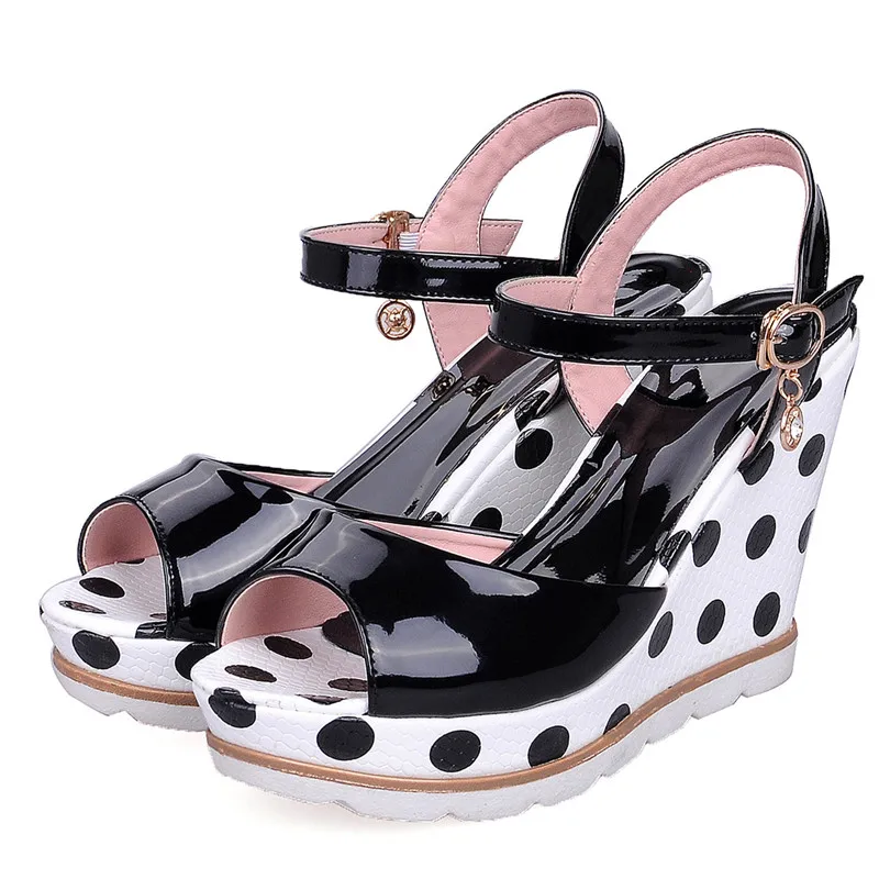

Polka Dot Womens Sandals Platform Wedges Big Size High Heels Summer Shoes Peep Toe Ankle Strap Ladies Sandals Black White Blue