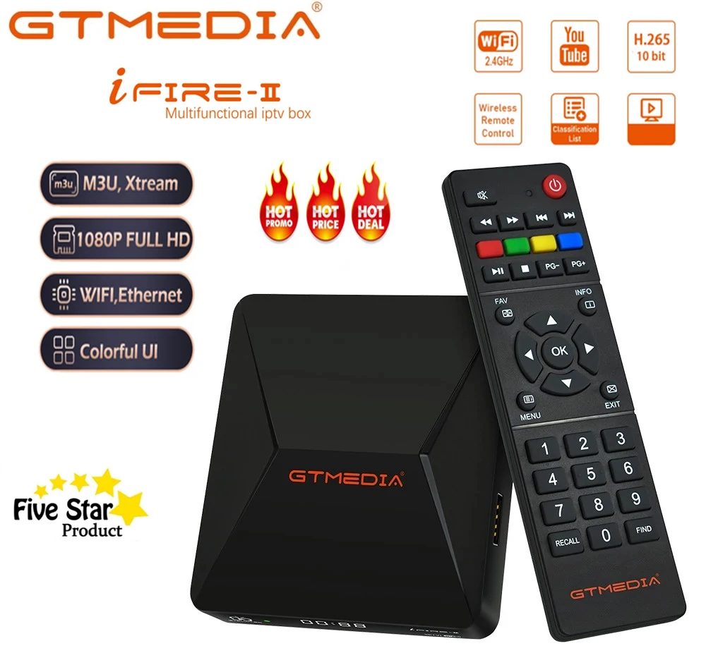 

GTmedia Ifire-2 1080p HD H.265 10 бит, пульт дистанционного управления Bluetooth, встроенный Wi-Fi Ethernet,MPEG 4 Xtream Media Player для Европы