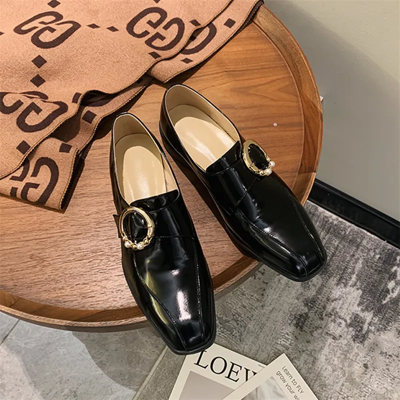 

ANNYMOLI Square Toe Woman Shoes Natural Genuine Leather Med Heels Chunky Heel Pumps Pearl Buckle Ladies Footwear Spring Black 40