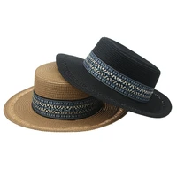 straw hats women men flat top khaki white black solid summer hats belt band casual beach outdoor sun protection women summer hat