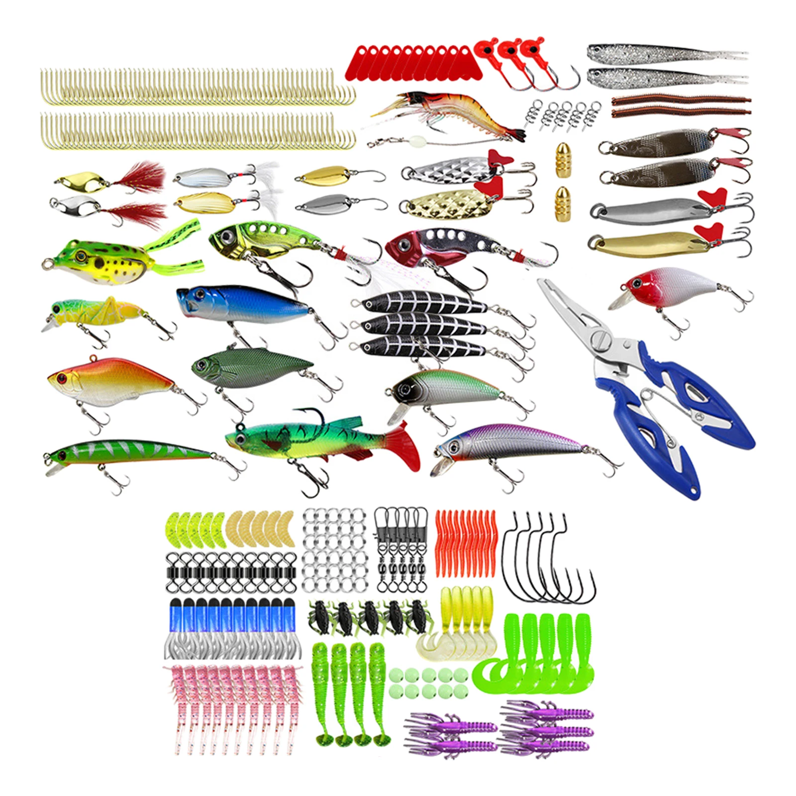 300pcs Fishing Lures Kit Set for Bass,Trout,Salmon,Including Spinning Lures, Plastic Worms, Frogs, Single Hooks, Swivels