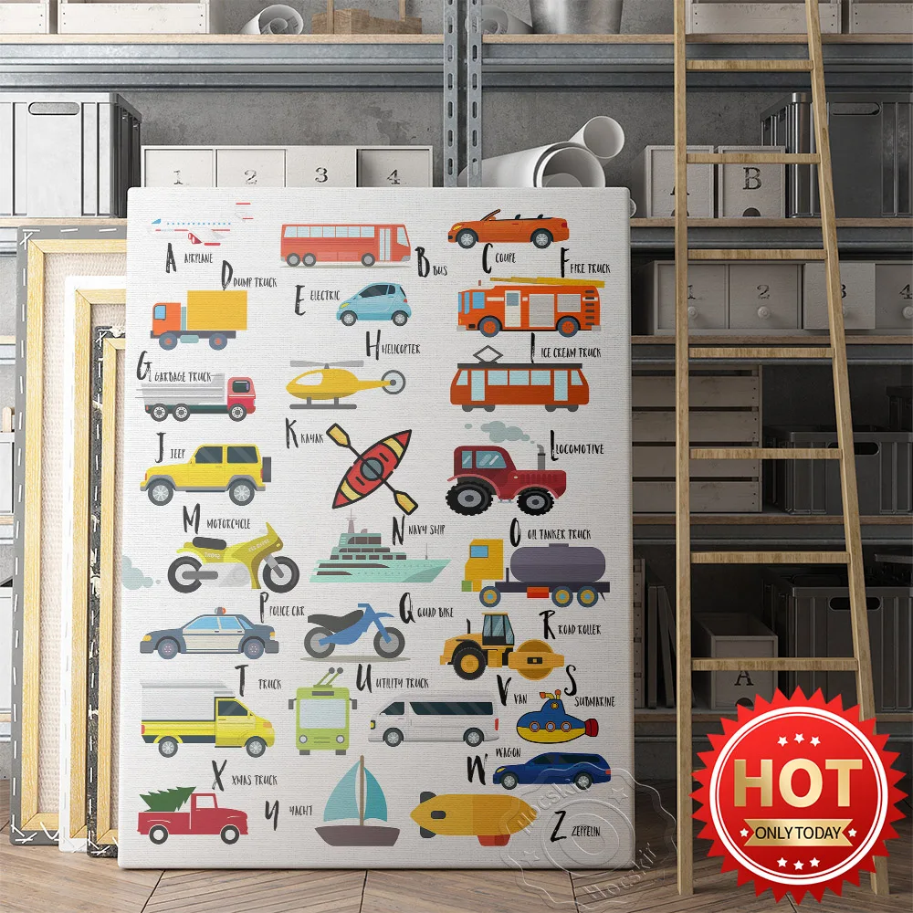 

Cars Trucks And Planes Alphabet Kids Wall Art Print, English Alphabet Canvas Wall Picture, Cartoon Traffic Tools Prints Poster