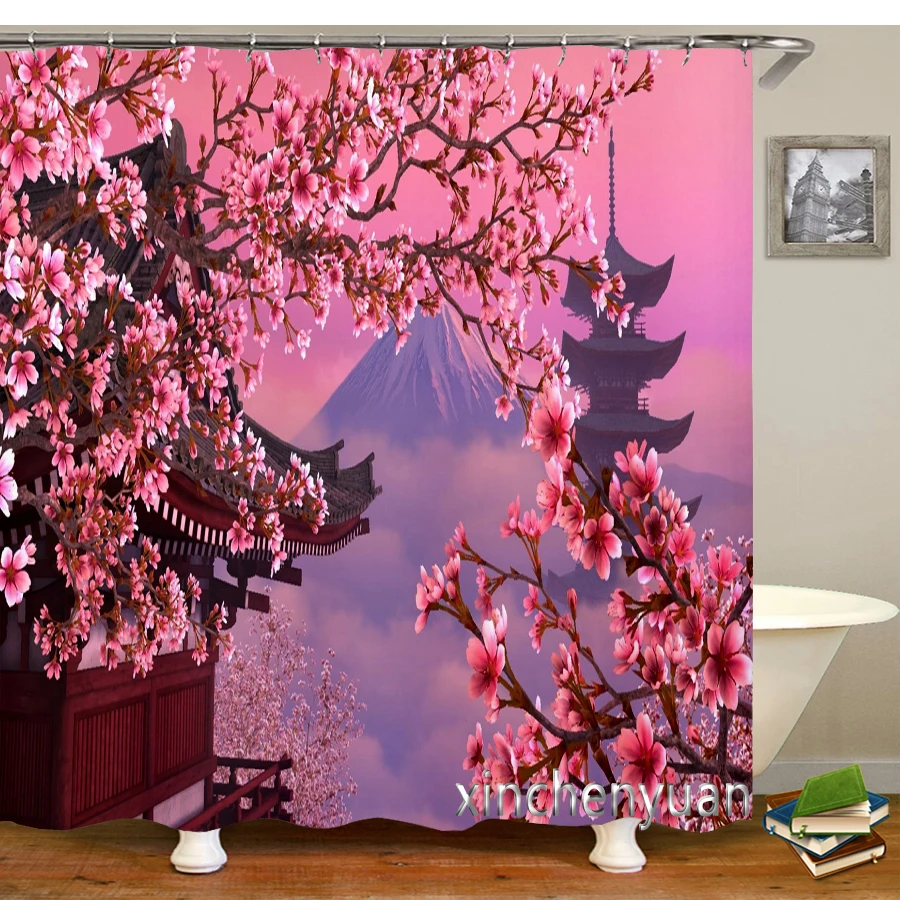 

Cherry Blossom Shower Curtains Waterproof Bathroom Curtain 3d Printed Fabric with Hooks Decoration Shower Curtain M14