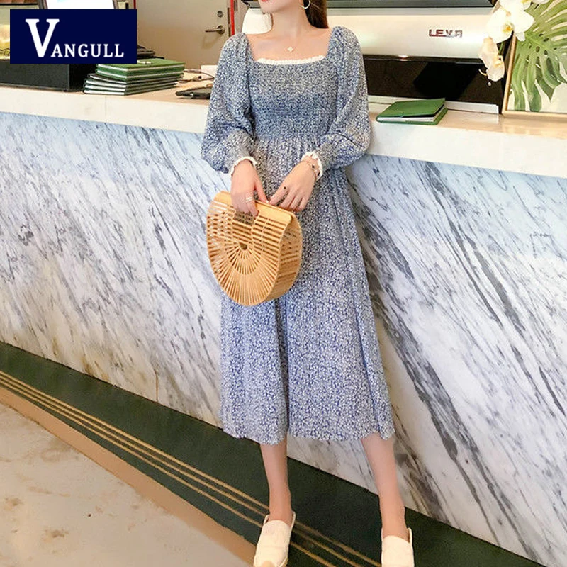 

Vangull сломанной шифоновое платье с цветами; Женские новые весенние квадратный воротник кружева свободные Пышное Платье с длинными рукавами ...