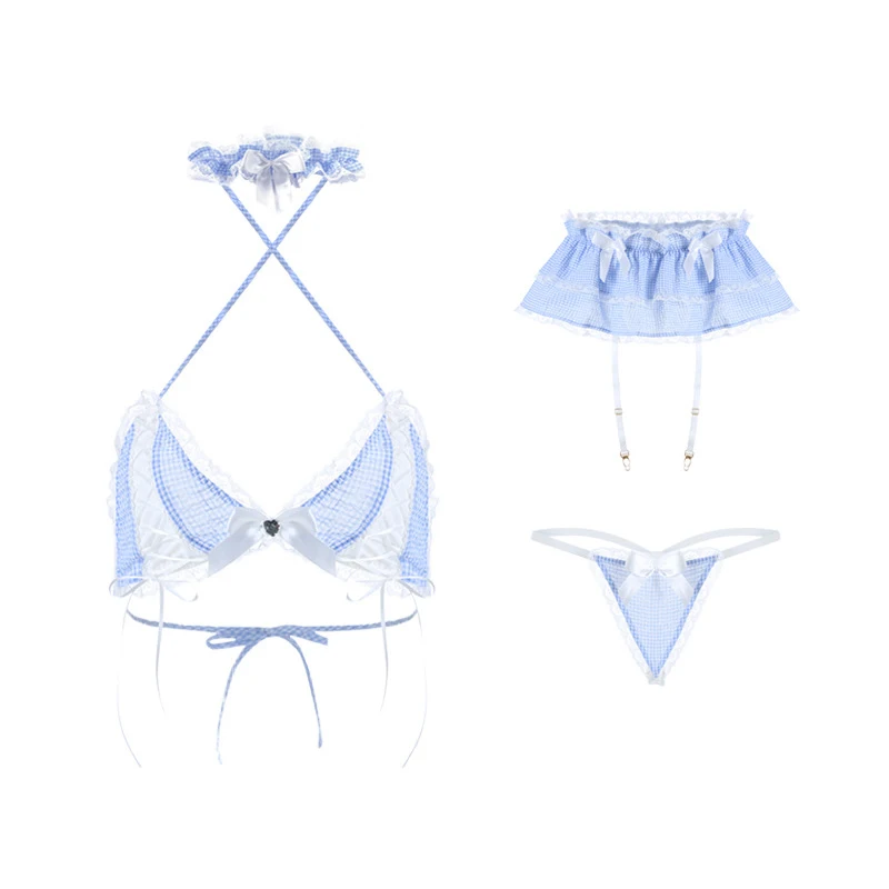 

Halter Bra Bow Stitching Plaid Underwear Sets Ruffles Backless Lace-Up Bandage Pajamas Erotic Cosplay Maid Costume Temptation