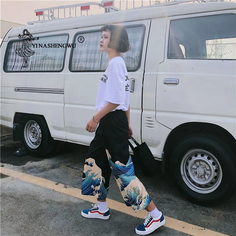 Kimono Femme Kimono Long Pants Haori Pant Beach Casual Loose Pants Wave Print Asian Costume Japan Style Unisex Kimono Yukata Men