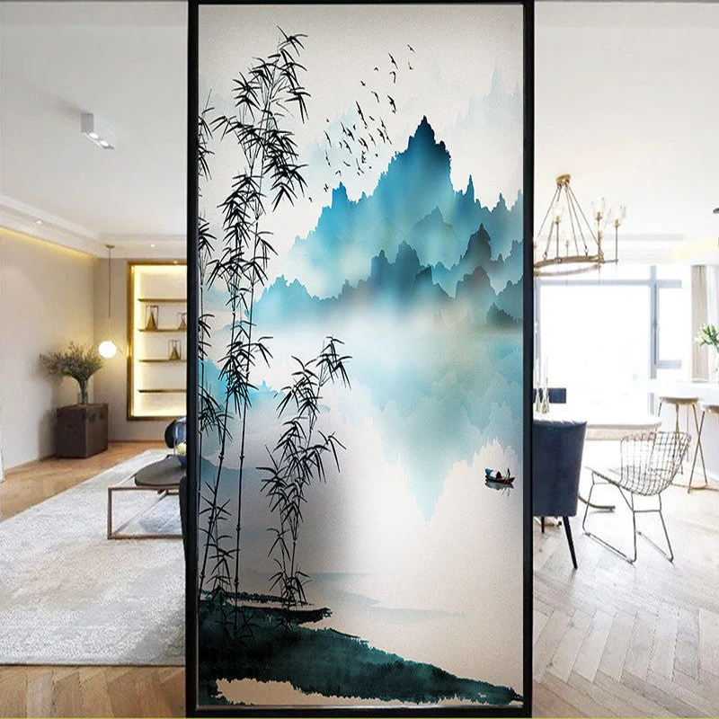 

Chinese landscape balcony window shading artifact sticker electrostatic frosted glass film translucent and opaque