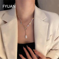 fyuan geometric zircon crystal choker necklaces for women long chain pearl pendant necklaces statement jewelry