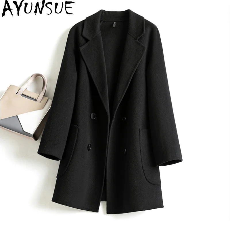 

AYUNSUE зимнее черное пальто из натуральной шерсти для женщин осень 2021 Повседневная Двусторонняя шерстяная куртка Женская одежда Женская курт...