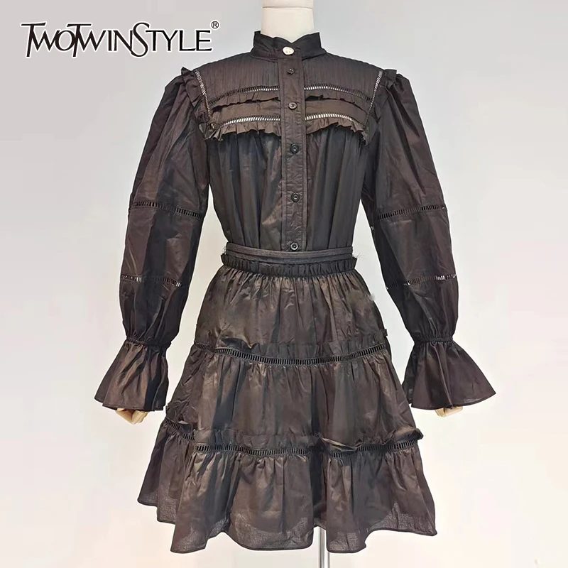 

TWOTWINSTYLE Slim Cut Out Patchwork Ruffle Two Piece Set Women Stand Collar Long Sleeve Blouse High Waist Skirt Women's Set New