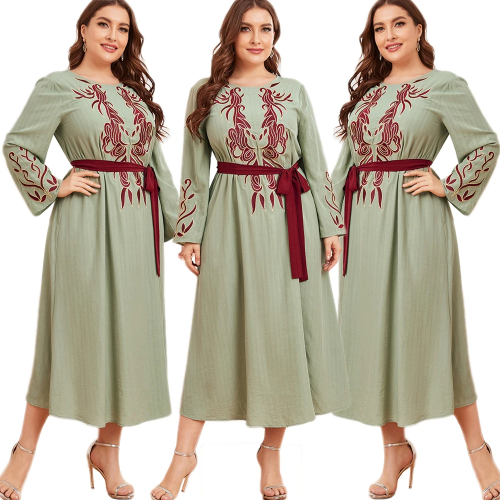 

Muslim Women Kaftan Long Dress Embroidery O-neck Arabic Abaya Islamic Loose Casual Eid Ramadan Middle East Maxi Robe Plus Size