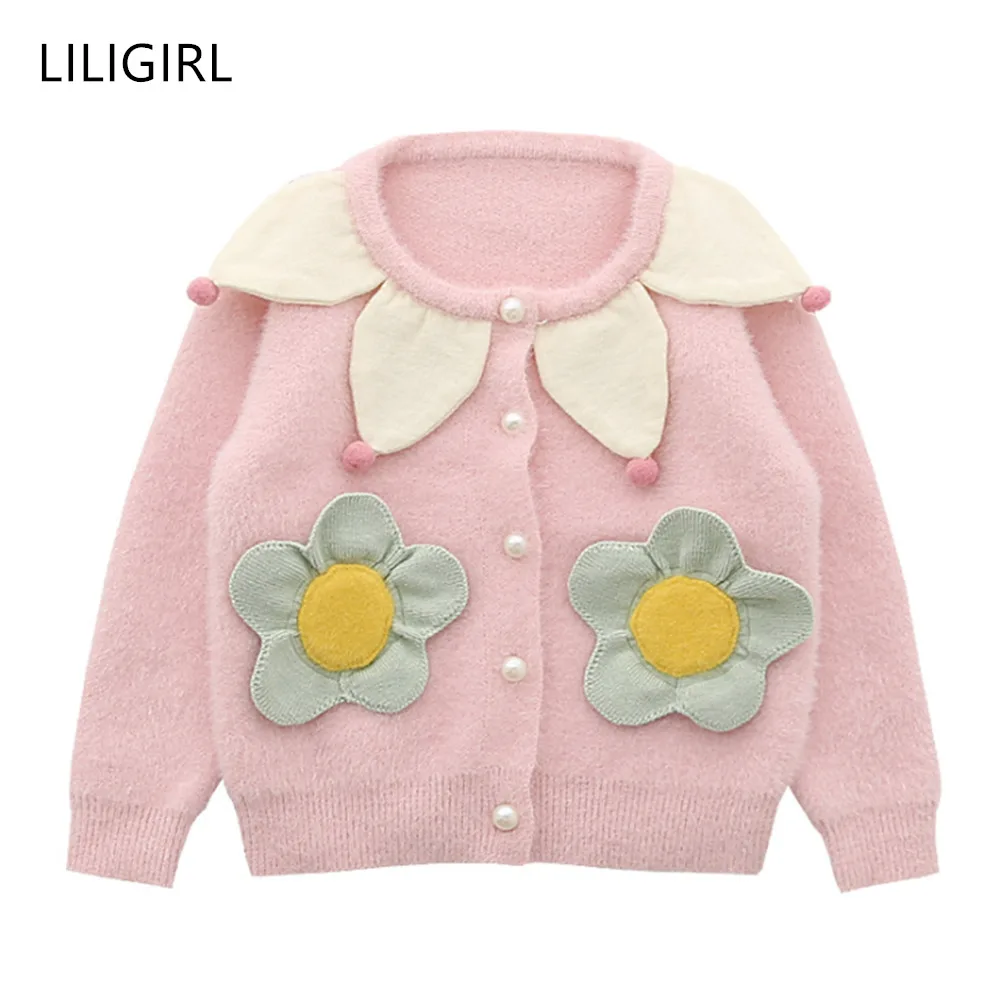 LILIGIRL/зимняя одежда для маленьких девочек Детский кардиган с длинными рукавами, свитер хлопковый джемпер для детей, милые топы с цветочным принтом, одежда