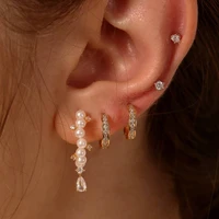 vintage pearl crystal stud earrings for women fashion lightning rhinestone geometric gold earring bohemian jewelry