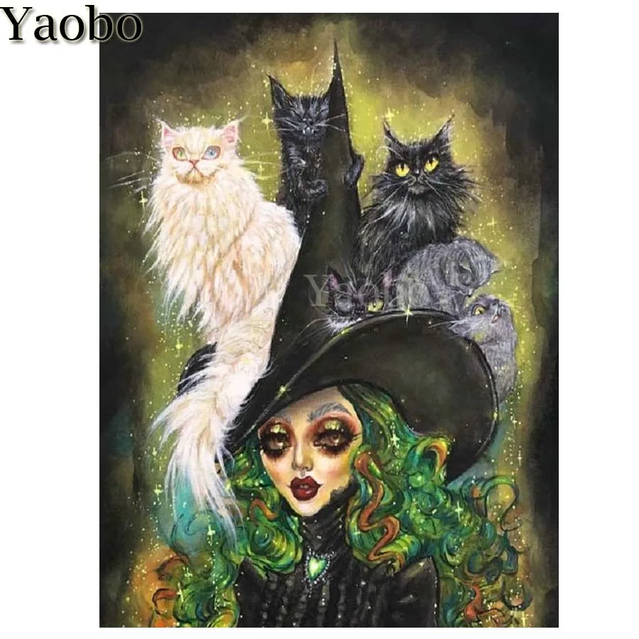 

5D алмазная вышивка ведьмы и кошки, алмазная живопись своими руками, полная выкладка, круглая квадратная мозаика, стразы, вышивка крестиком, подарок на Хэллоуин