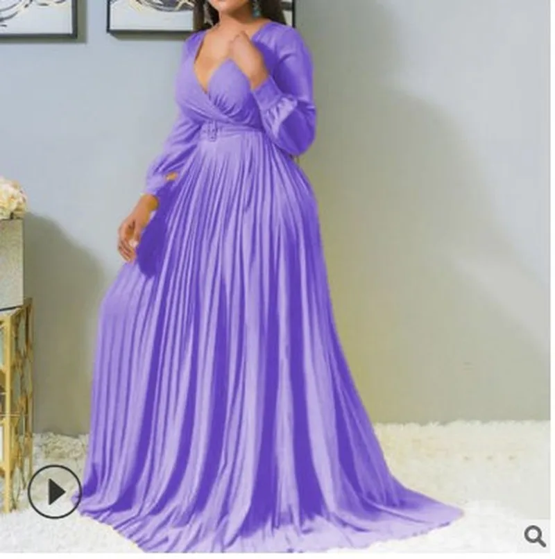 Женское платье Макси плиссированные платья с завышенной талией поясом и v