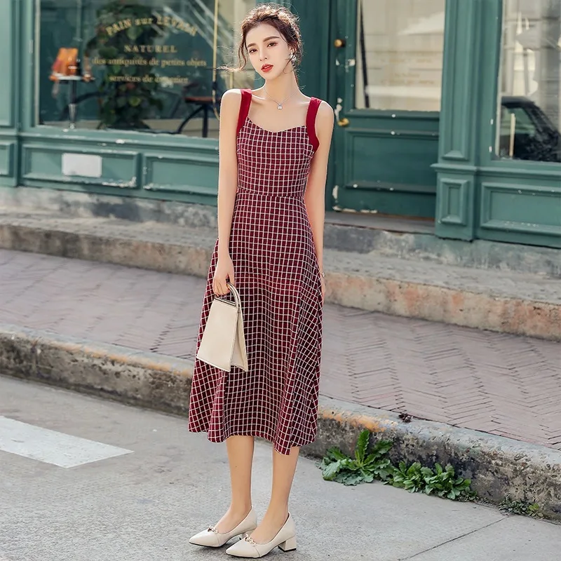 2021 стиль Новинка В стиле ретро Платье на бретелях красный плед платья