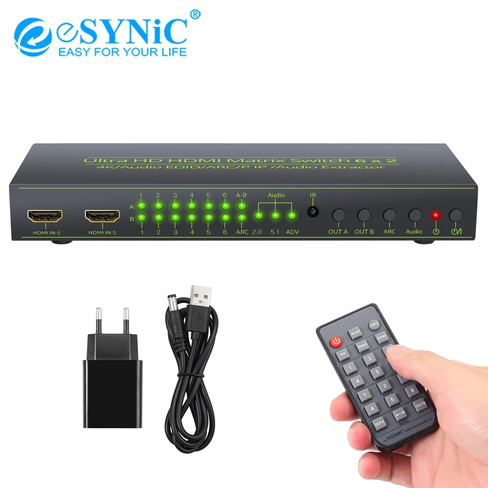 eSYNiC 6x2 HDMI-Compatible Matrix Switch Video Switcher Splitter Support Arc 4k @30hz PIP Audio Extractor With IR Remote Control |