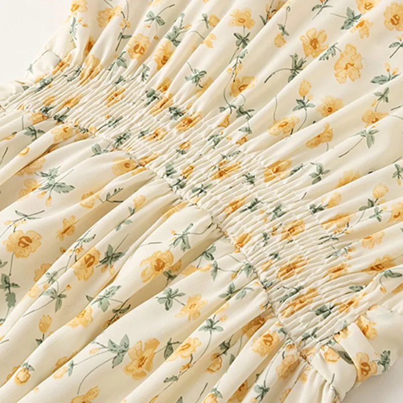 

Women Summer High Waist Chiffon Dress New 2021 Fashion Korean Style V-neck Floral Print Ladies Knee-length A-line Dresses W461