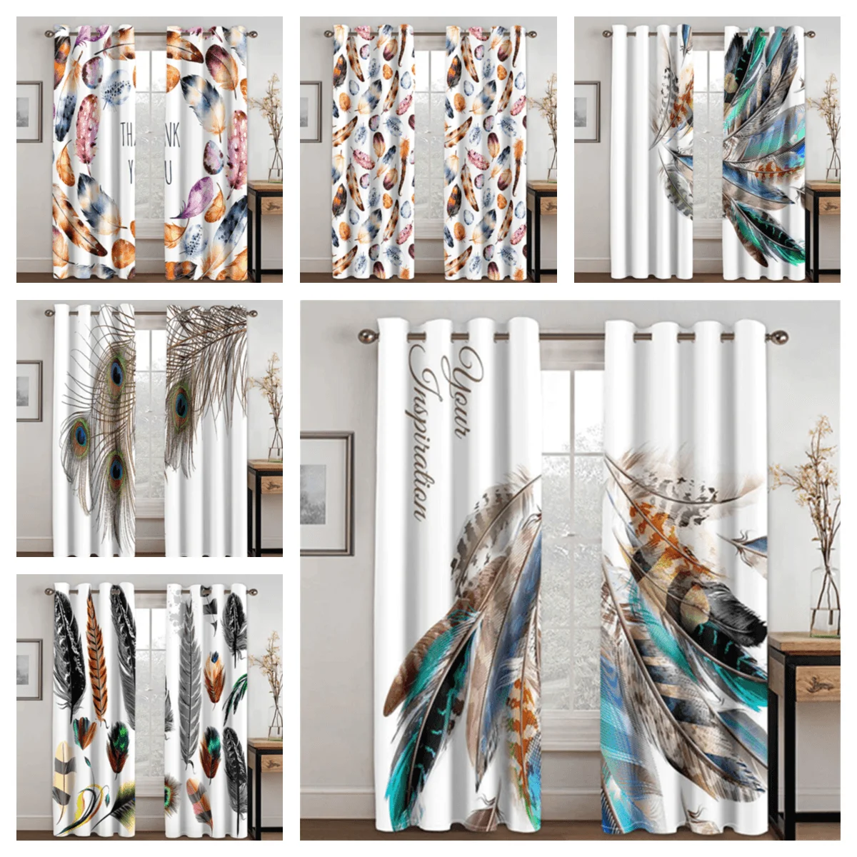 

Curtains for Living Room Waterproof Window Bedroom Decoration Colored Feathers Kitchen Space Divider Luxury Printed Home Custom