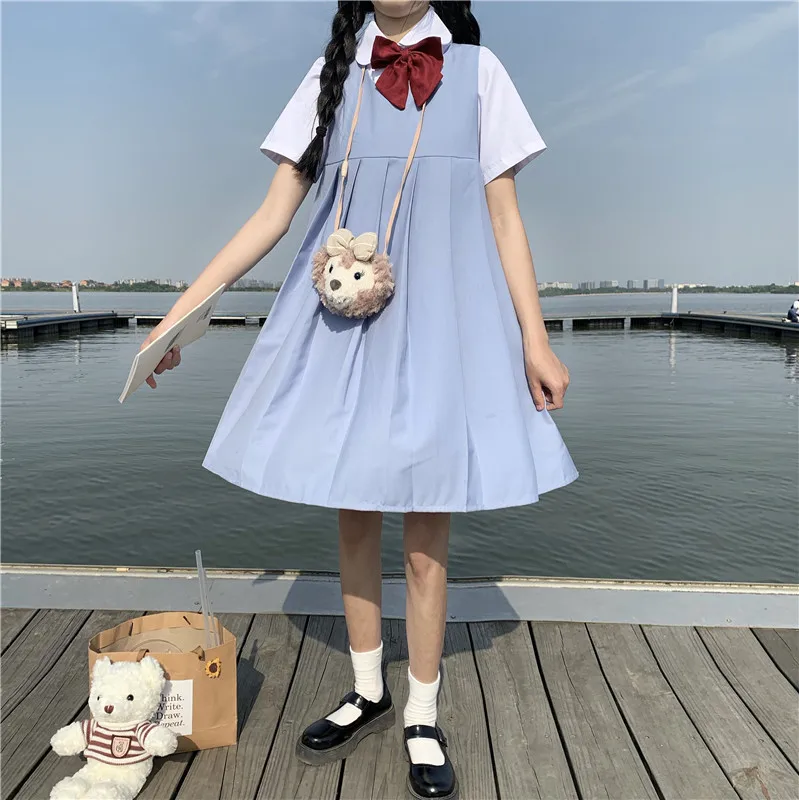 

Summer 2021 White Shirt Women's White Short-Sleeved Shirt + Vest Pleated Skirt Black Dress JK Uniform Suit School Girl Uniform
