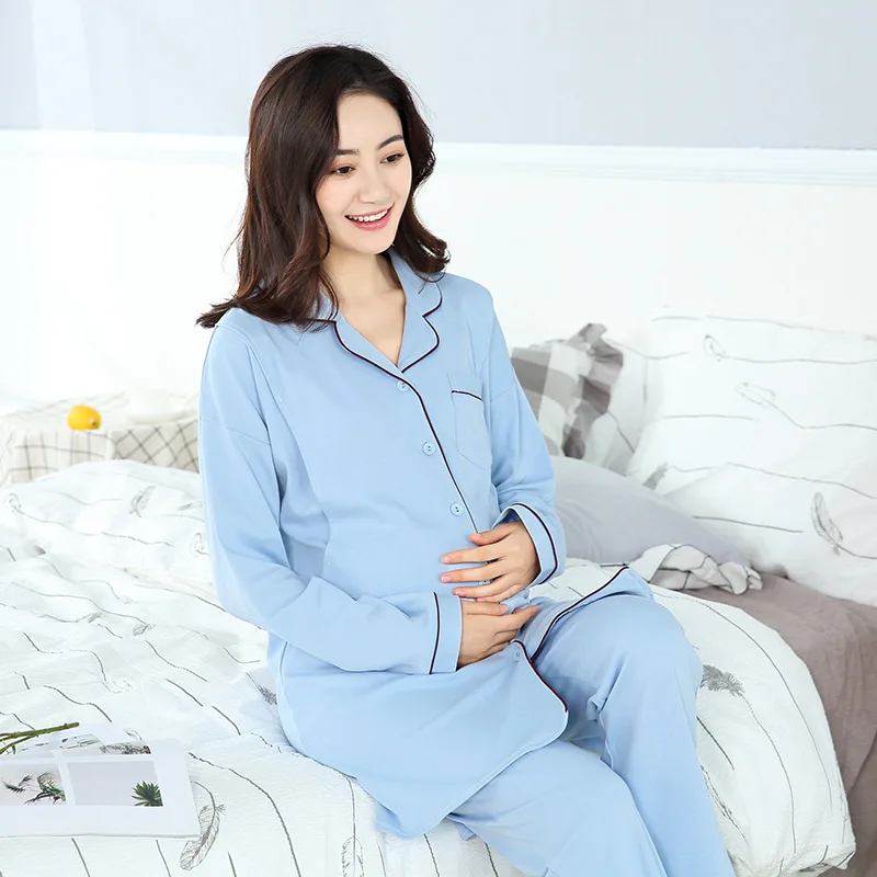 Халат для беременных хлопковая ночная рубашка с длинным рукавом Однотонная