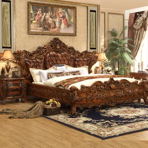 European-style Leather Bed All Solid Wood Carved Bed Large Villa 2m Carved Top Layer Cowhide Bed Wedding Bed Furniture