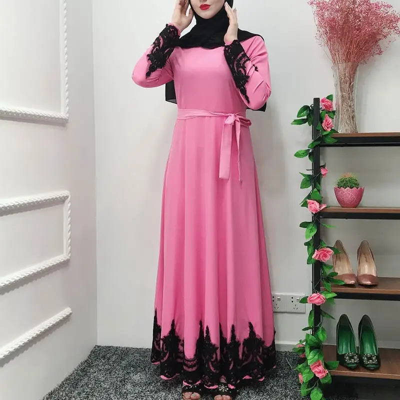 MISSJOY/розовые платья для женщин; модное лоскутное платье с длинным рукавом для молитвы в Дубае; Абая; турецкий ислам; Макси-платье; мусульманская клеид; Арабская одежда - Цвет: Pink