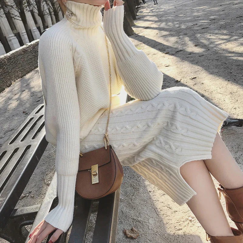 Women Twist Knitted 2 Piece Set Long Sleeve Turtleneck Pullover Sweater + Split Pencil Skirt Lady Runway Knitting Suit | Женская одежда