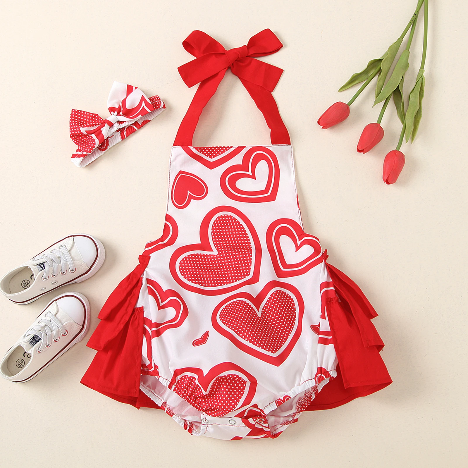 

Комбинезон для новорожденных девочек с принтом в виде сердец на День святого Валентина, комбинезон без рукавов с лямкой на шее, декоративна...