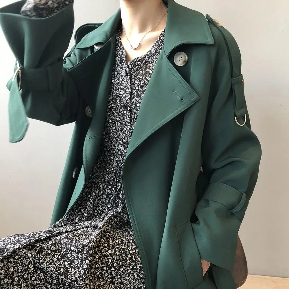 

Korean style long trench coat with belt button 2020 autumn and winter office ladies loose lace temperament coat coat women