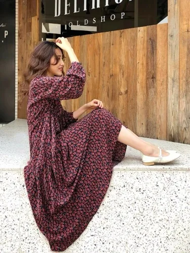 Корейское длинное женское платье с длинным рукавом и v образным вырезом