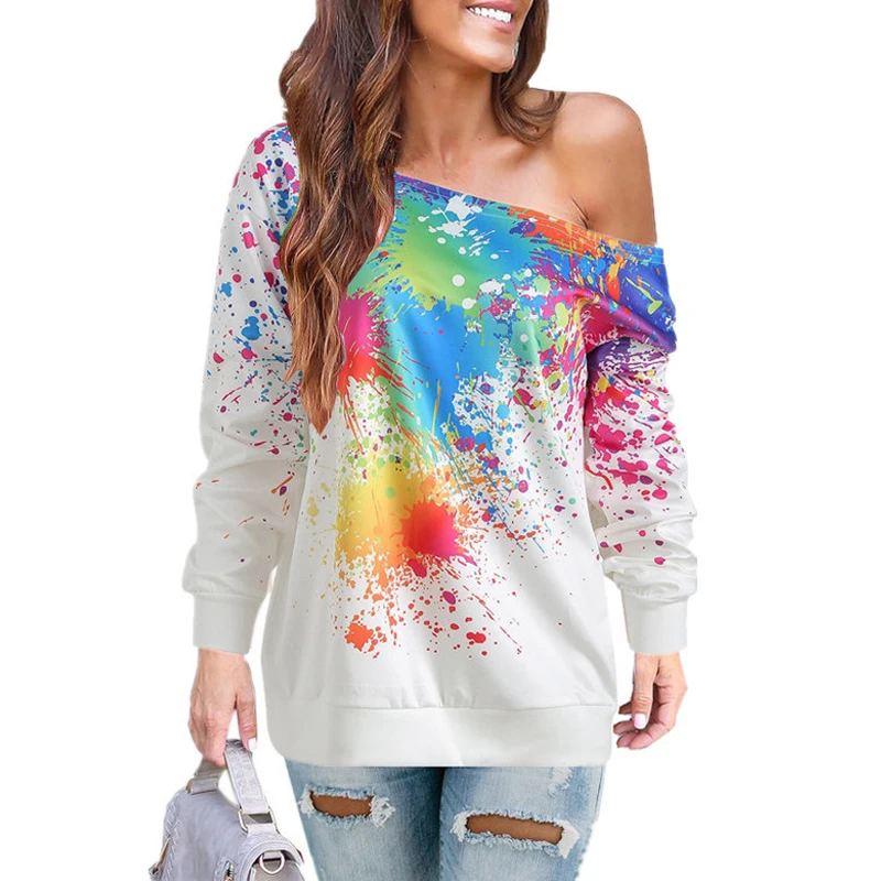 

T Shirt Women Top Slash Neck Rainbow Spray Paint T-shirt Long Sleeves Tees One Shoulder Women's Clothing T Shirts Female