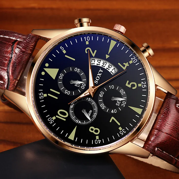 Часы наручные SOXY мужские с календарем Классические кварцевые светящиеся кожаным