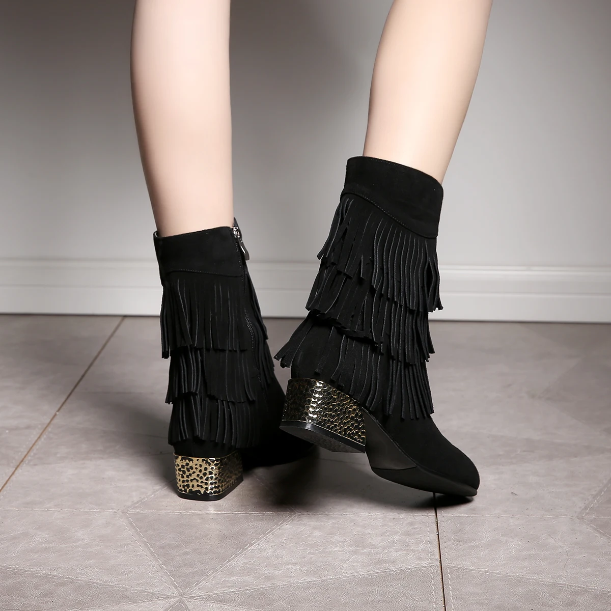 

Women's natural suede leather fringe thick high heel winter mid-calf boots round toe short plush warm cold weather short shoes