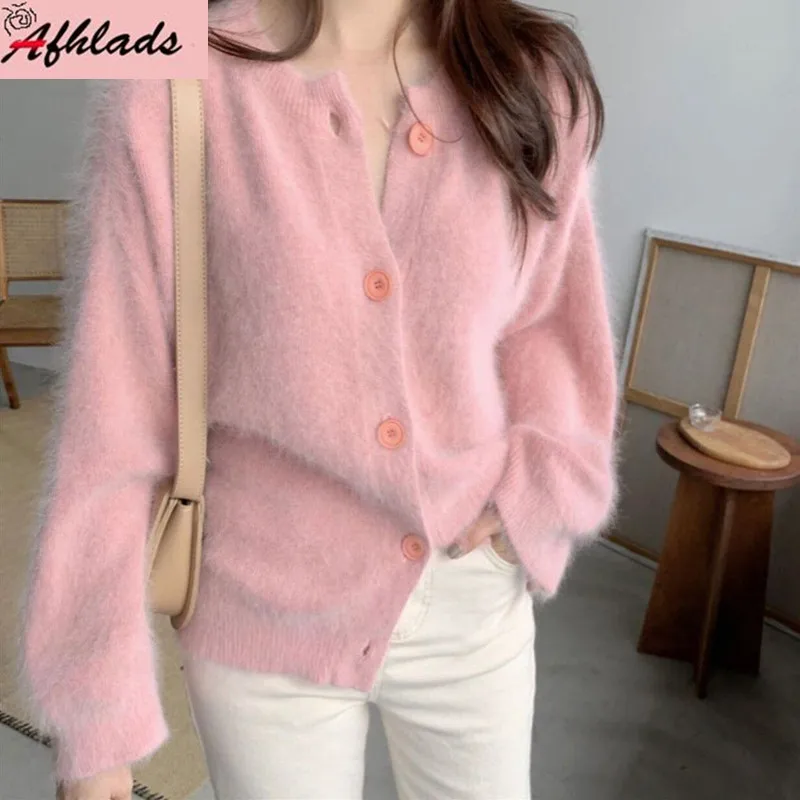 

Women's Clothing Autumn And Winter Single-Breasted Round Neck Outerwear Pink Slim Long Sleeve Knitted Cardigan Jacket Coats