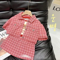 childrens korean hot girl pink retro denim two piece suit kids boutique clothing wholesale toddler girl fall clothes 2022